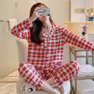 Φθινοπωρινή νέα βαμβακερή πιτζάμες γυναικεία μακρυμάνικη ζακέτα κορεατικής έκδοσης Γλυκό και φρέσκο φοιτητικό κοστούμι υπηρεσίας σπιτιού