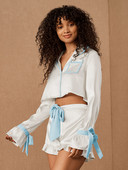 Hiloc lentes, satīna pidžama ar šortiem, sieviešu komplekts, kabata, volānveida piedurknes, apgriezti topi Seksīgs mājas uzvalks sievietēm pidžama