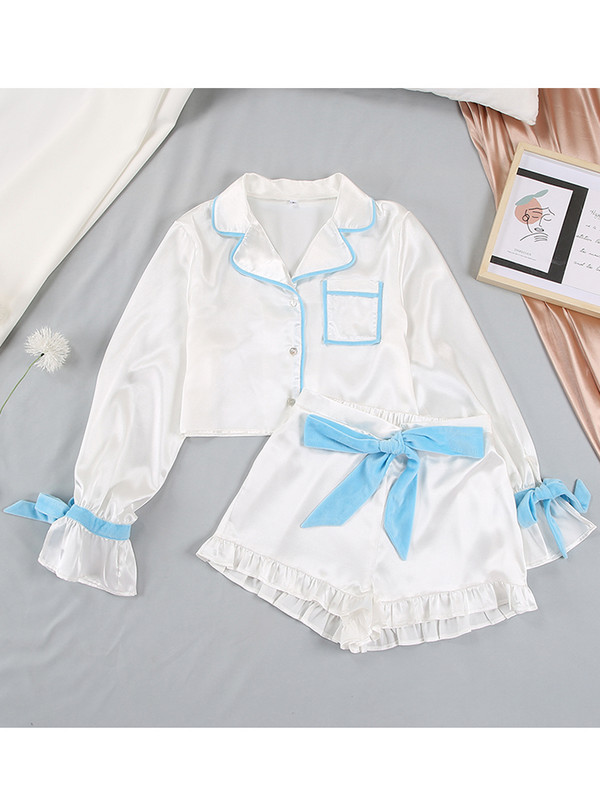 Hiloc lentes, satīna pidžama ar šortiem, sieviešu komplekts, kabata, volānveida piedurknes, apgriezti topi Seksīgs mājas uzvalks sievietēm pidžama