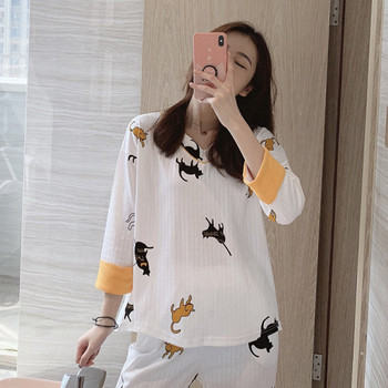 Γυναικεία Sleepwear Cat Print Σετ Πυτζάμες Γυναικεία Leisure Cute Σετ νυχτικά με τρία τέταρτα μανίκια Φθινοπωρινή Άνετη πιτζάμα για κορίτσι