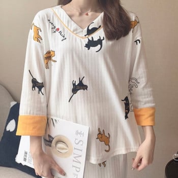 Γυναικεία Sleepwear Cat Print Σετ Πυτζάμες Γυναικεία Leisure Cute Σετ νυχτικά με τρία τέταρτα μανίκια Φθινοπωρινή Άνετη πιτζάμα για κορίτσι