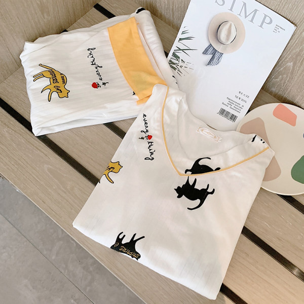 Sieviešu guļamveļa kaķu apdrukas pidžamu komplekti sievietēm brīvajam laikam jauks naktsveļa komplekts ar trīs ceturtdaļām piedurknēm rudens ērta pidžama meitenei