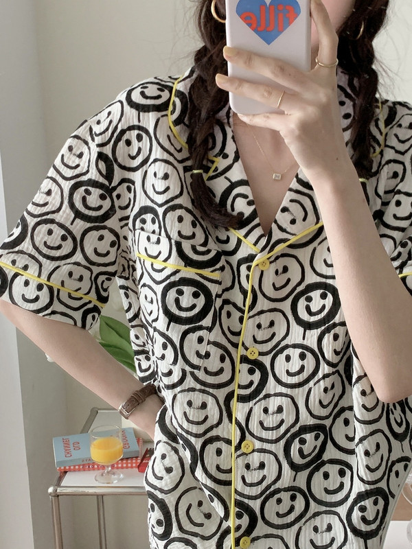 Koreai arcmosoly 100% pamut pizsama szett rövid ujjú nyári hálóruha öltöny Légáteresztő puha otthoni ruha Nightsleep S141