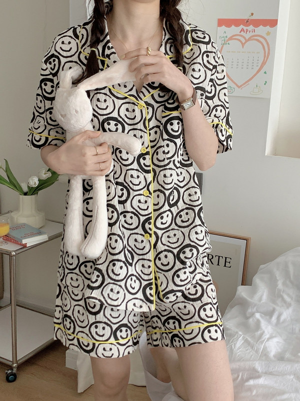 Koreai arcmosoly 100% pamut pizsama szett rövid ujjú nyári hálóruha öltöny Légáteresztő puha otthoni ruha Nightsleep S141