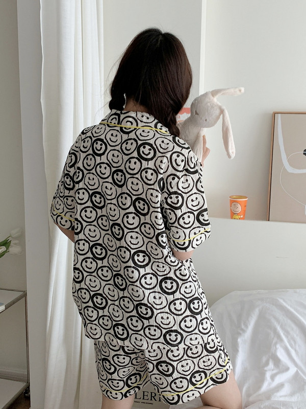 Koreai arcmosoly 100% pamut pizsama szett rövid ujjú nyári hálóruha öltöny Légáteresztő puha otthoni ruha Nightsleep S141