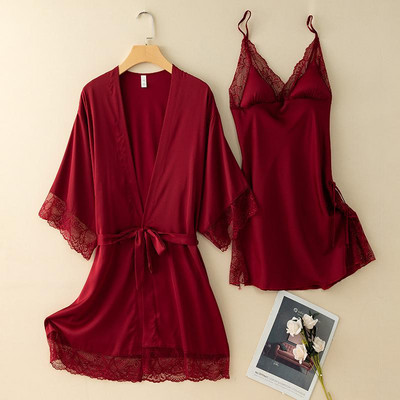 Dámske saténové župany s čipkou, 2 ks, letné, sexy, na spanie, nočné košele, domáce oblečenie, sivá čipka, kimono, župan