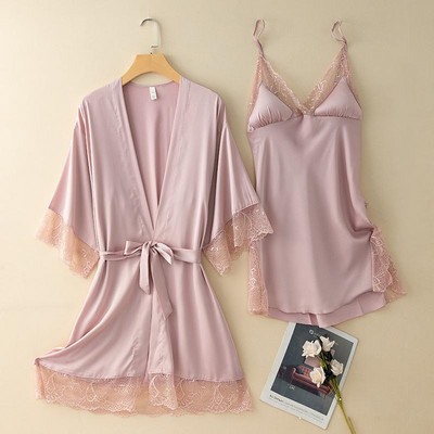 Dámske saténové župany s čipkou, 2 ks, letné, sexy, na spanie, nočné košele, domáce oblečenie, sivá čipka, kimono, župan