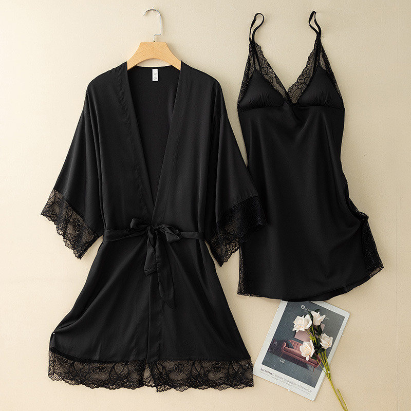 Dámske saténové župany s čipkou, 2 ks, letné, sexy, na spanie, nočné košele, domáce oblečenie, sivá čipka, kimono, župan