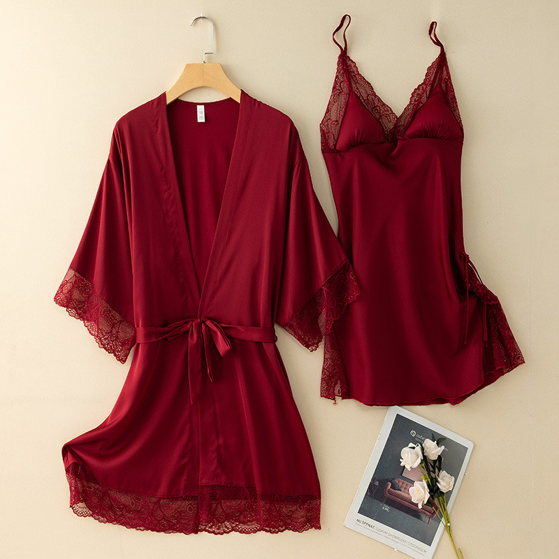 Dámske saténové župany s čipkou, 2 ks, letné, sexy, na spanie, nočné košele, domáce oblečenie, sivá čipka, kimono, župan