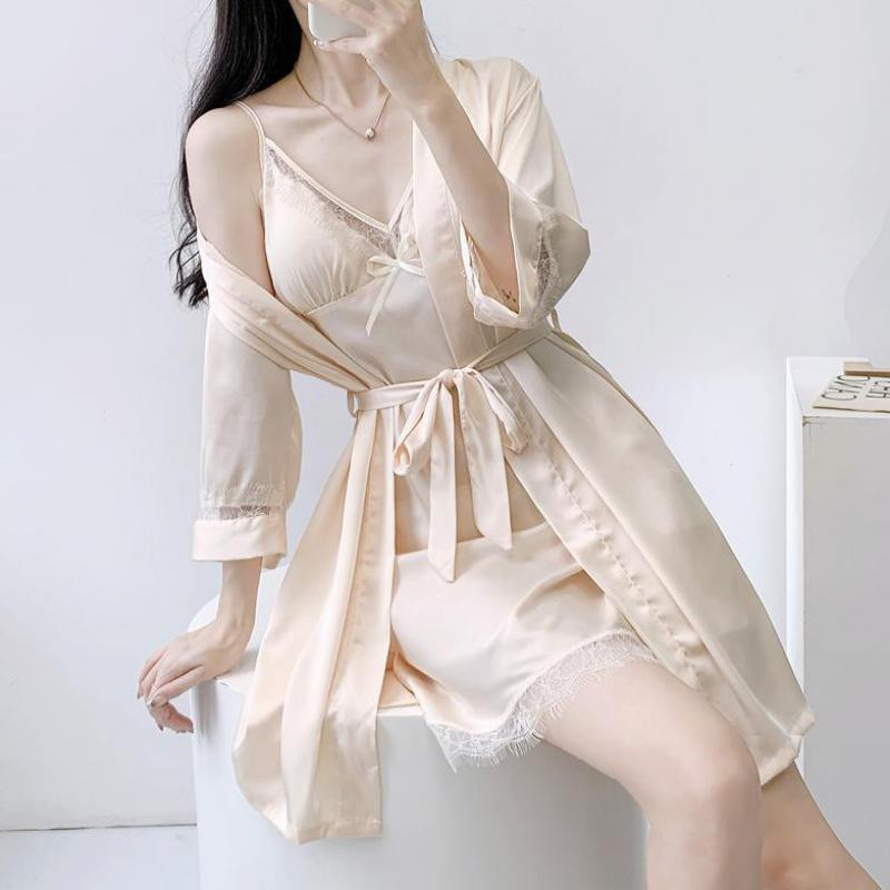 Új nyári köntös hálóruha kétrészes szett női szexi csipke fürdőköpeny ruha öltöny hálóing Hálóruha szatén otthoni viselet hálóing