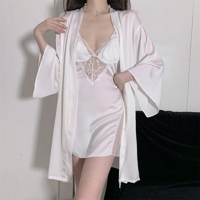 Lace Hollow Out Μπουρνούζι Νυχτικό Σετ Νυφικό Κιμονό Ρόμπα Γυναικεία Σατέν Πυζά Σαλόνια Καλοκαιρινά νυχτικά με λαιμόκοψη