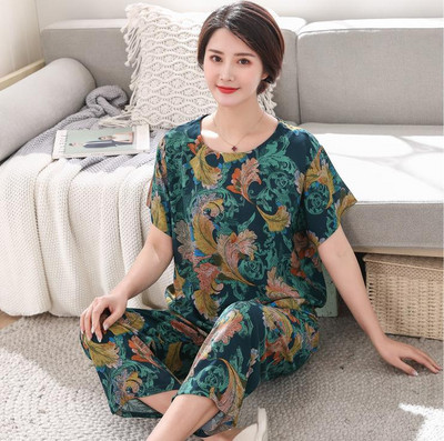 2 db női pamut pizsama szett nyári új vékony virágos rövid ujjú bő hálóruha Alkalmi otthoni ruházat női pizsama nagykereskedés