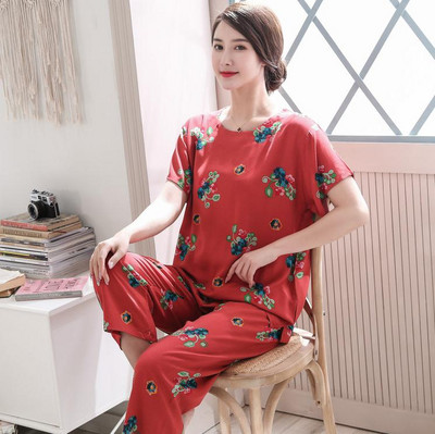 2 db női pamut pizsama szett nyári új vékony virágos rövid ujjú bő hálóruha Alkalmi otthoni ruházat női pizsama nagykereskedés