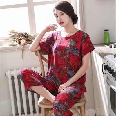 2 db női pamut pizsama szett nyári új vékony virágos rövid ujjú bő hálóruha Alkalmi otthoni ruházat női pizsama nagykereskedés