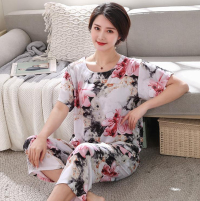 2 db női pamut pizsama szett nyári új vékony virágos rövid ujjú bő hálóruha Alkalmi otthoni ruházat női pizsama nagykereskedés