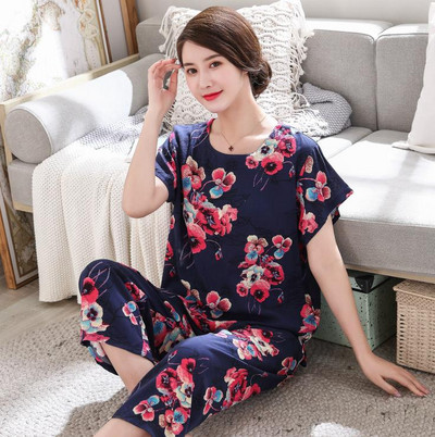 2 db női pamut pizsama szett nyári új vékony virágos rövid ujjú bő hálóruha Alkalmi otthoni ruházat női pizsama nagykereskedés