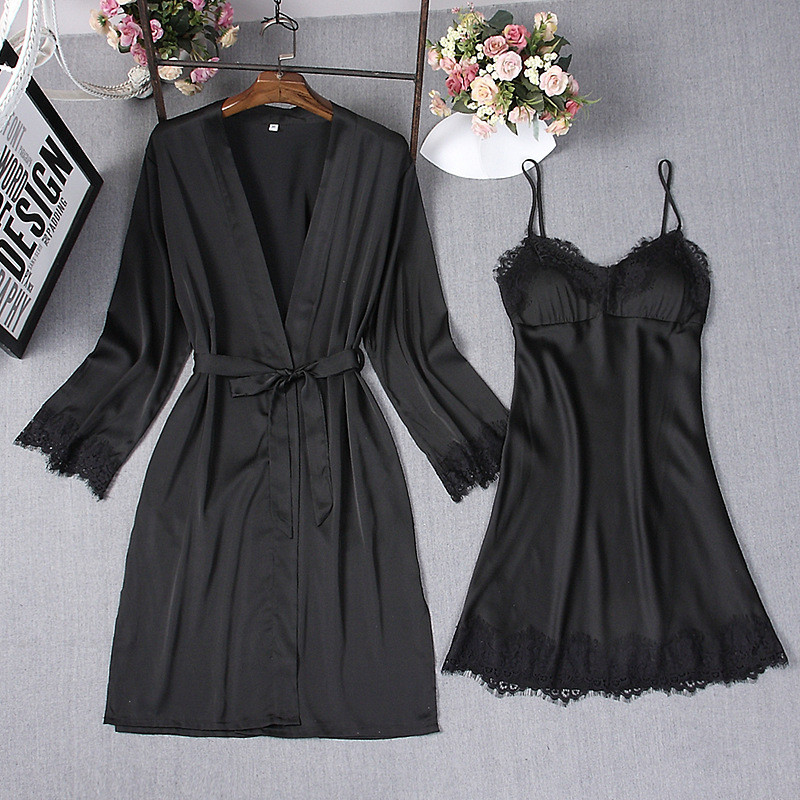 Szexi 2 DB köntös ruha szettek nyári szatén csipke női éjszakai fürdőköpeny hálóing hálóruha Alkalmi otthoni viselet kimonó ruha hálóruha