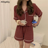 Kompleti pidžama Ženske karirane elegantne studentske pidžame u korejskom stilu Čipkane pidžame kratkih rukava Sweet Ins Chic Lounge Wear Outwear Novo