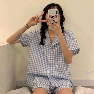 Kompleti pidžama Ženske karirane elegantne studentske pidžame u korejskom stilu Čipkane pidžame kratkih rukava Sweet Ins Chic Lounge Wear Outwear Novo