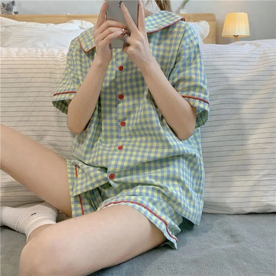 Kompleti pidžama Ženske karirane elegantne studentske pidžame u korejskom stilu Čipkane pidžame kratkih rukava Sweet Ins Chic Lounge Wear Outwear Novo