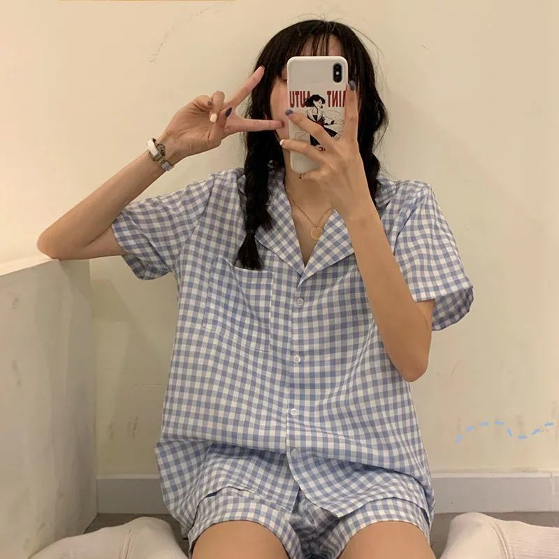 Kompleti pidžama Ženske karirane elegantne studentske pidžame u korejskom stilu Čipkane pidžame kratkih rukava Sweet Ins Chic Lounge Wear Outwear Novo