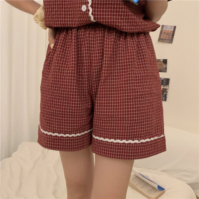 Kompleti pidžama Ženske karirane elegantne studentske pidžame u korejskom stilu Čipkane pidžame kratkih rukava Sweet Ins Chic Lounge Wear Outwear Novo