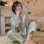 Pidžamu komplekti Sieviešu atlaižamās apkakles Vasaras Sieviešu Vienkāršs Plaids Preppy Salds Stils Hipster Causal Sleepwear Ins Basic Ulzzang Jaunums
