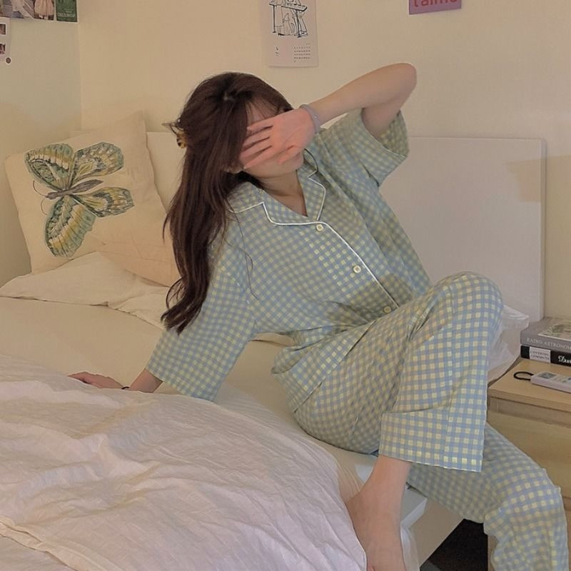 Pidžamu komplekti Sieviešu atlaižamās apkakles Vasaras Sieviešu Vienkāršs Plaids Preppy Salds Stils Hipster Causal Sleepwear Ins Basic Ulzzang Jaunums