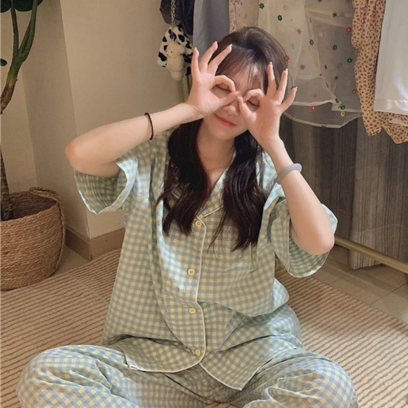Pidžamu komplekti Sieviešu atlaižamās apkakles Vasaras Sieviešu Vienkāršs Plaids Preppy Salds Stils Hipster Causal Sleepwear Ins Basic Ulzzang Jaunums
