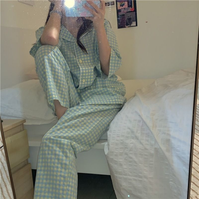 Pidžamu komplekti Sieviešu atlaižamās apkakles Vasaras Sieviešu Vienkāršs Plaids Preppy Salds Stils Hipster Causal Sleepwear Ins Basic Ulzzang Jaunums