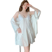 Menyasszony Twinset köntös szett nyári női hálóruha Szexi csipke kimonó fürdőköpeny Hálóruha pántos hálóing szatén otthoni viselet