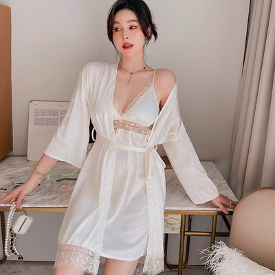 Menyasszony Twinset köntös szett nyári női hálóruha Szexi csipke kimonó fürdőköpeny Hálóruha pántos hálóing szatén otthoni viselet