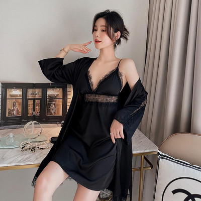 Menyasszony Twinset köntös szett nyári női hálóruha Szexi csipke kimonó fürdőköpeny Hálóruha pántos hálóing szatén otthoni viselet