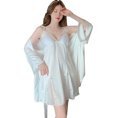 Menyasszony Twinset köntös szett nyári női hálóruha Szexi csipke kimonó fürdőköpeny Hálóruha pántos hálóing szatén otthoni viselet