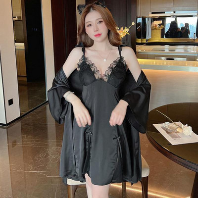 Menyasszony Twinset köntös szett nyári női hálóruha Szexi csipke kimonó fürdőköpeny Hálóruha pántos hálóing szatén otthoni viselet