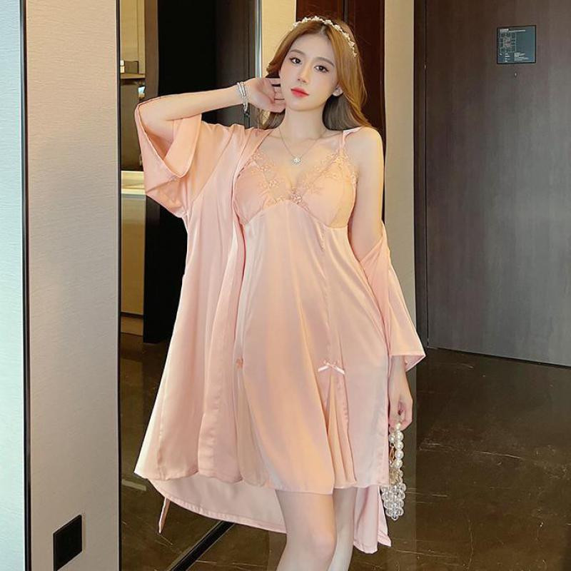 Menyasszony Twinset köntös szett nyári női hálóruha Szexi csipke kimonó fürdőköpeny Hálóruha pántos hálóing szatén otthoni viselet