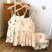 100% krepp pamut női pizsama Szexi nadrágtartó mellkaspárnákkal Alvás felsők Rövidnadrágok Vékony hálóruha Gyönyörű virágos pizsamák