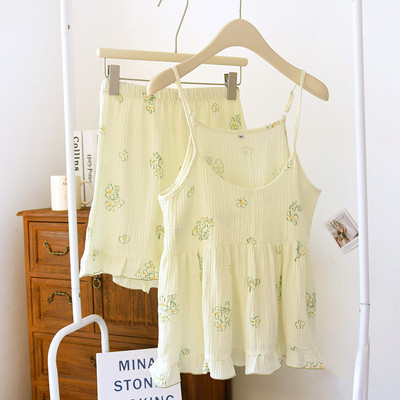 100% krepp pamut női pizsama Szexi nadrágtartó mellkaspárnákkal Alvás felsők Rövidnadrágok Vékony hálóruha Gyönyörű virágos pizsamák