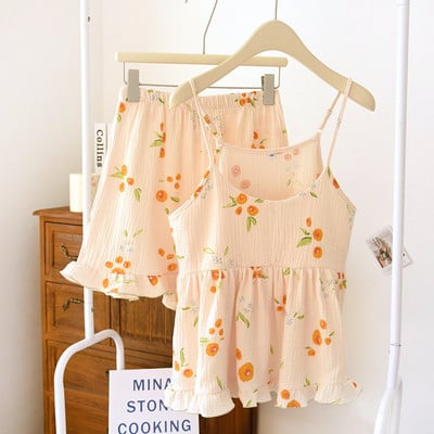 100% krepp pamut női pizsama Szexi nadrágtartó mellkaspárnákkal Alvás felsők Rövidnadrágok Vékony hálóruha Gyönyörű virágos pizsamák