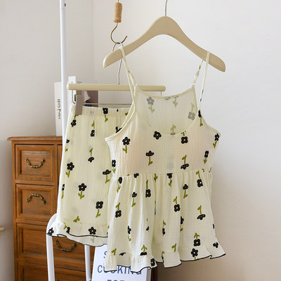 100% krepp pamut női pizsama Szexi nadrágtartó mellkaspárnákkal Alvás felsők Rövidnadrágok Vékony hálóruha Gyönyörű virágos pizsamák