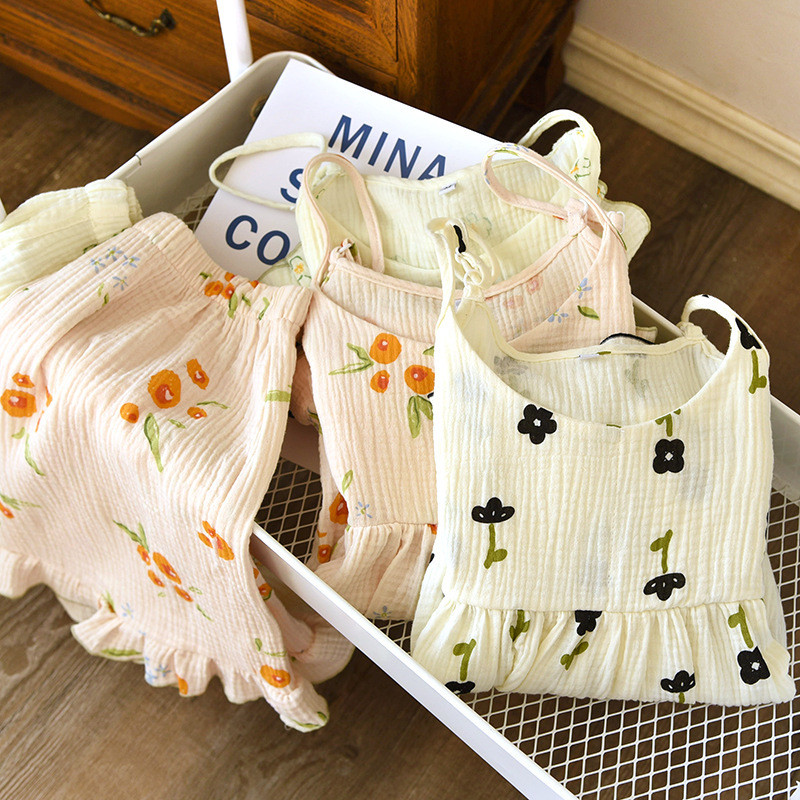 100% krepp pamut női pizsama Szexi nadrágtartó mellkaspárnákkal Alvás felsők Rövidnadrágok Vékony hálóruha Gyönyörű virágos pizsamák