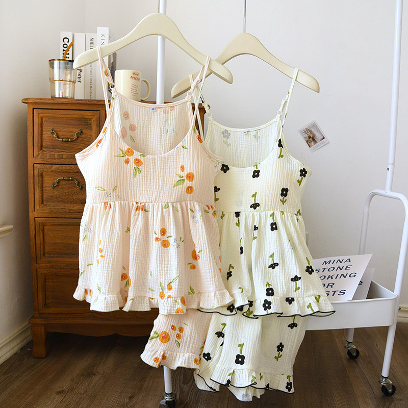 100% krepp pamut női pizsama Szexi nadrágtartó mellkaspárnákkal Alvás felsők Rövidnadrágok Vékony hálóruha Gyönyörű virágos pizsamák