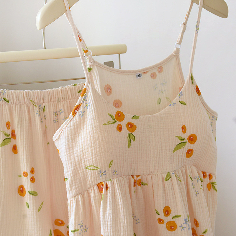 100% krepp pamut női pizsama Szexi nadrágtartó mellkaspárnákkal Alvás felsők Rövidnadrágok Vékony hálóruha Gyönyörű virágos pizsamák