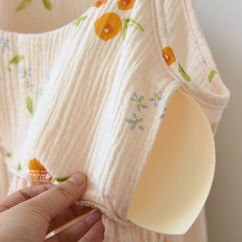 100% krepp pamut női pizsama Szexi nadrágtartó mellkaspárnákkal Alvás felsők Rövidnadrágok Vékony hálóruha Gyönyörű virágos pizsamák