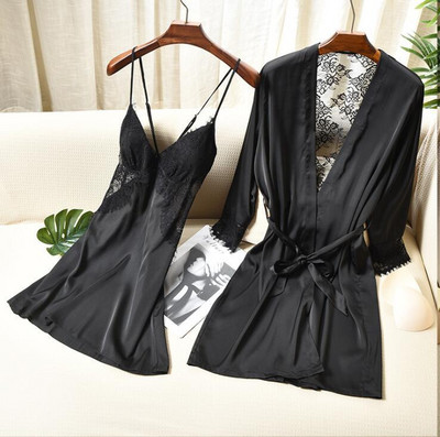 Täisvarrukatega avara naiste hommikumantli komplekt Seksikas pitsist lilleline puhkeriided kodukleit pruudi hommikumantlid 2 tk Rayon magamisriided M-XXL öösärk