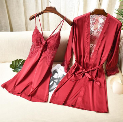 Täisvarrukatega avara naiste hommikumantli komplekt Seksikas pitsist lilleline puhkeriided kodukleit pruudi hommikumantlid 2 tk Rayon magamisriided M-XXL öösärk