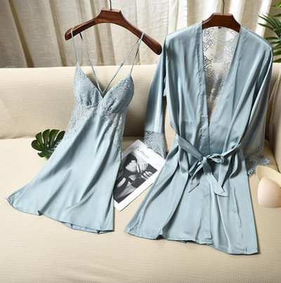 Täisvarrukatega avara naiste hommikumantli komplekt Seksikas pitsist lilleline puhkeriided kodukleit pruudi hommikumantlid 2 tk Rayon magamisriided M-XXL öösärk