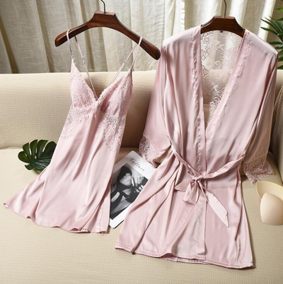 Täisvarrukatega avara naiste hommikumantli komplekt Seksikas pitsist lilleline puhkeriided kodukleit pruudi hommikumantlid 2 tk Rayon magamisriided M-XXL öösärk