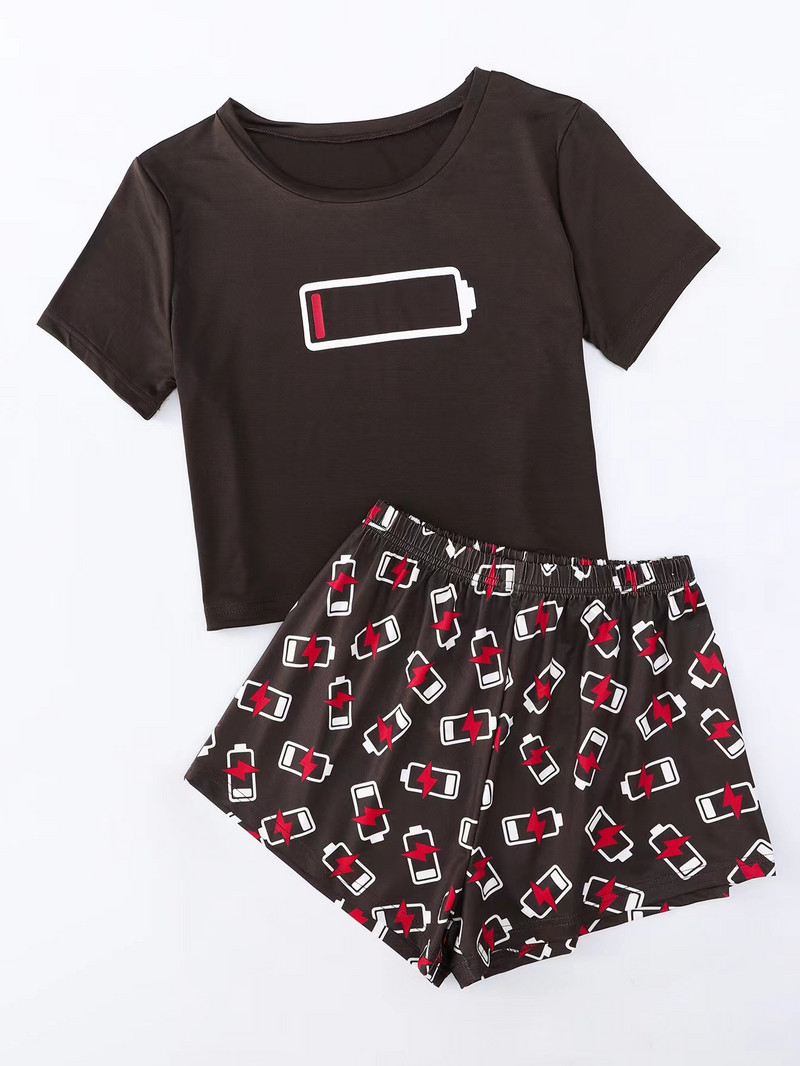 Naujo stiliaus moteriški mieli animaciniai filmukai su baterijomis žemomis trumpomis rankovėmis marškinėliai ir šortai pižamų rinkinys Vasariniai patogūs miegui skirti namų kostiumai