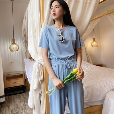 Lazy Suit nyári vékony viszkózszálas laza széles szárú nadrág 2 db szabadidős divat pizsama szett kényelmes otthoni viselet öltönyök nagy méretű